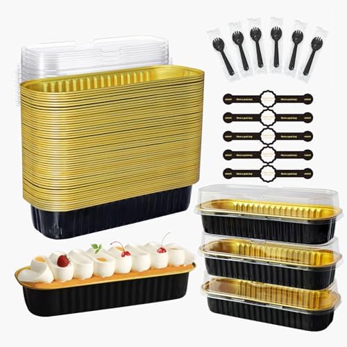 Mini Cake Pans With Lids And Spoons 50 Pack,6.8 oz Rectangle Mini individual Loaf Pans Disposable Aluminum Foil Small Baking Cups Tins (50, black)