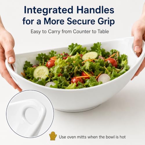 Ceramic Serving Bowls with Handles, Large Salad Bowl Set for Entertaining, Mixing, Serving Dishes for Parties, Kitchen, Housewarming & Everyday Use, Set of 3, 15/28/49 oz
