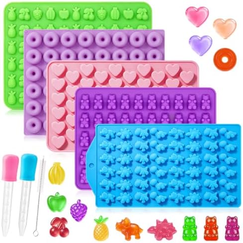 Gummy Molds, 5pcs Gummy Bear Silicone Candy Molds with 2 Droppers & 1 Brush