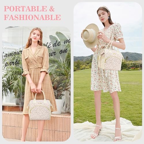 LOKASS Insulated Lunch Bag Women- Reusable 10 L Lunch Box for Women - Leakproof Tote Cooler Bag for Adults Work, Beach, Travel, Picnic （White Small Florals）