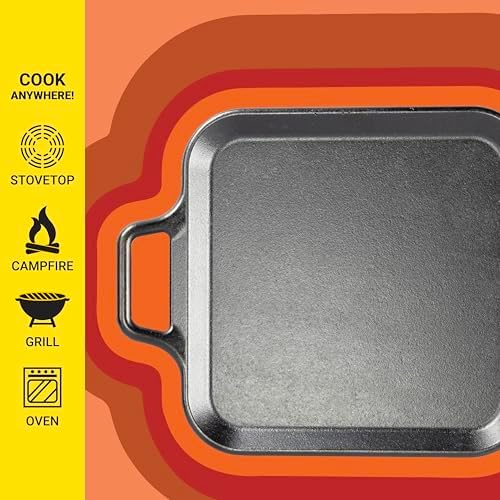 Lodge BOLD Pre-Seasoned Cast Iron Square Griddle, Loop Handles, 12 Inches