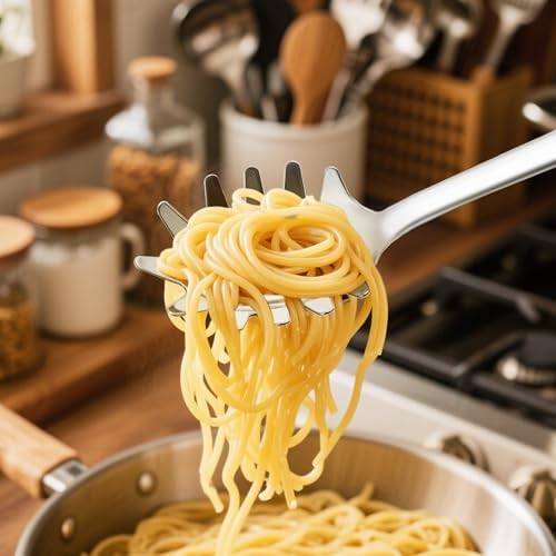 18/0 Stainless Steel Spaghetti Spoon & Slotted Spoon for Cooking, Heavy Duty Frying Pink Spoon Pasta Strainer Skimmer, Cooking Utensils Commercial and Residential Use, Pack of 2