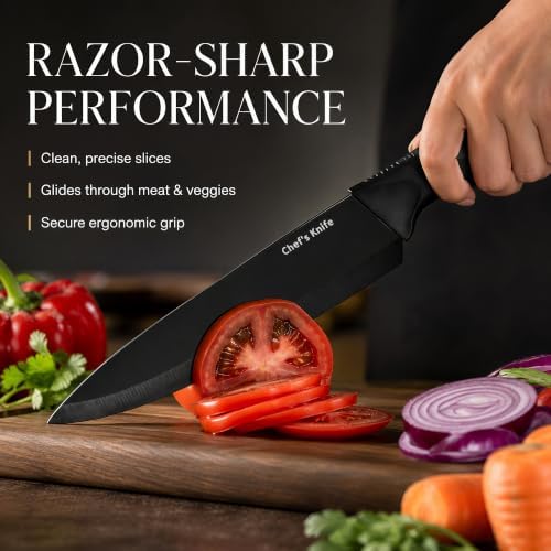 LINHAO 14-Piece Black Kitchen Knife Block Set with Built-In Sharpener