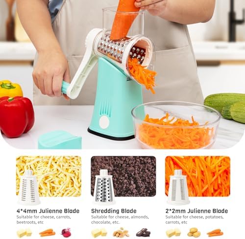 5-in-1 Rotary Cheese Grater Hand Crank, Vegetable Slicer Shredder with 5 Interchangeable Blades, Graters for Kitchen, Safe Kitchen Tool for Cheese, Nuts, Chocolate, Blue