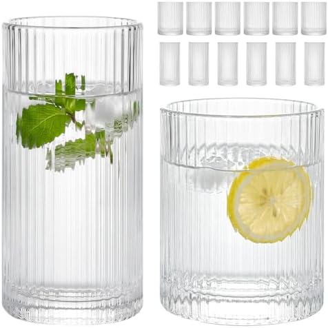 Moretoes Ribbed Glass Cups Set of 12 Drinking Glasses