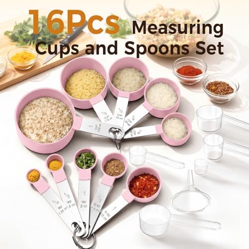 16PCS Measuring Cups and Spoons Set, Measuring Spoon Set with Metric and US Measurements, Fits for Measuring Dry and Liquid (Pink)
