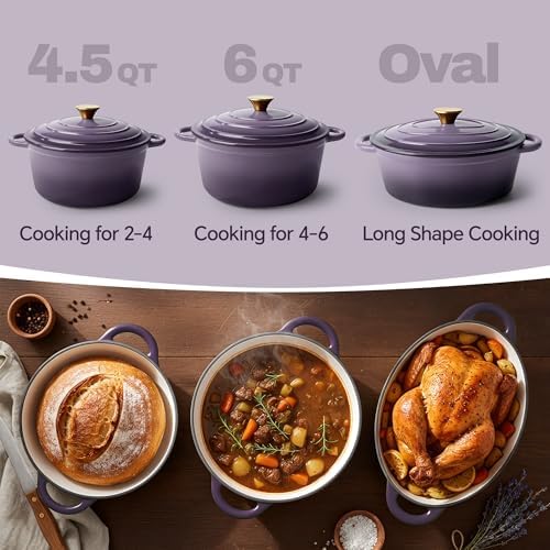 Vintage Style Oval Dutch Oven for Bread Baking, 4.5 Quart Non Stick Enameled Cast Iron Dutch Oven Pot with Lid, Oven Safe Oval Casserole with Lid up to 500°F for Baking, Braising, Stews, Roasting, Purple