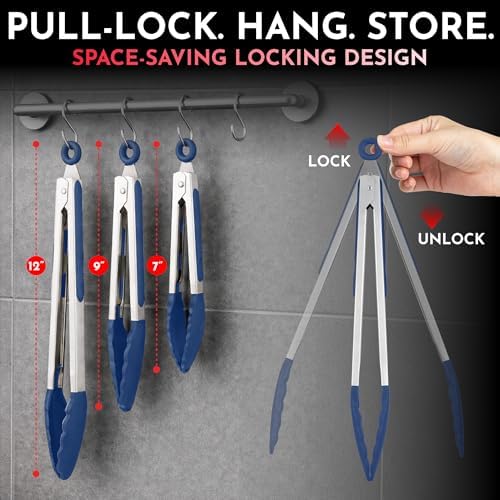 Kitchen Tongs - 12, 9 & 7 Inch Locking Silicone Tongs for Cooking, Set of 3