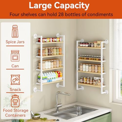 IBUYKE 4 Tier Spice Rack Wall Mount for Kitchen,Natural TLJ016R