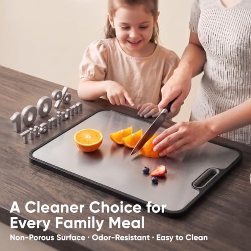 Titanium Cutting Board for Kitchen, Dual-Sided Pure Titanium Surface & Food-Safe PP Chopping Board, Non-Porous, Odor Resistant, Juice Groove, Grinder, Anti-Slip Edges, Easy Clean, 16 x 11 Inch
