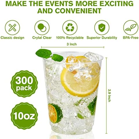 JollyPack 300 Pack Clear Plastic Cups 10 OZ Disposable Heavy-duty Hard Drinking Cups for Christmas, Wedding, Home, Dinner and other Events