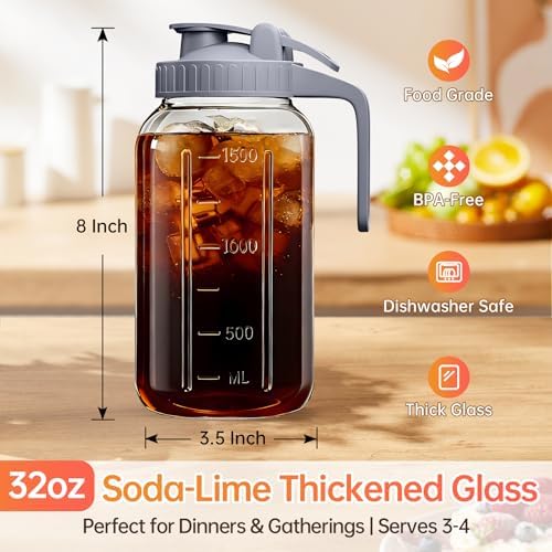 32oz Glass Pitcher with Lid & Spout – 1 Quart Mason Jars, Airtight & Leakproof Breastmilk Pitcher for Cold Brew Coffee, Sun Tea, Water, Juice – Wide Mouth, Fridge Safe