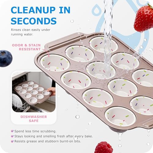 Silicone Muffin Pan for Baking with Metal Frame, 12 Cup Regular Size Cupcake Pan, Nonstick Food Grade Silicone Muffin Tin for Baking, Easy Release Egg Bite Molds, BPA Free