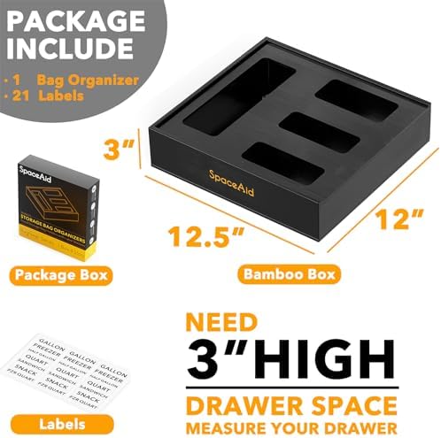 SpaceAid Bag Storage Organizer for Kitchen Drawer, Bamboo Organizer, Compatible with Gallon, Quart, Sandwich and Snack Variety Size Bag (1 Box 4 Slots), Black