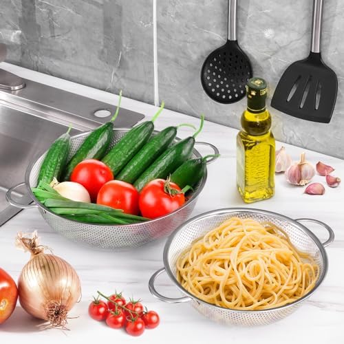 E-far 3QT & 5QT Colander Set of 2, Stainless Steel Micro-Perforated Colander Strainer with Handle for Kitchen/Draining Pasta/Rinsing Vegetables Fruits, Heavy Duty Metal & Dishwasher Safe