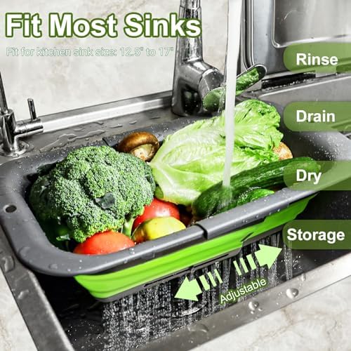ROTTOGOON 7Qt Collapsible Colander Strainer, Expandable Over the Sink Colander, Adjustable Silicone Kitchen Sink Strainer, Foldable Large Colanders Basket to Wash Vegetable, Fruit, 15" to 19.8", Green