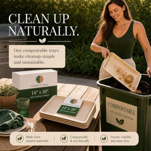 Charity Leaf Disposable Bamboo 14" x 10" Trays (200 Pieces) Bamboo Serving Platters, Disposable Boards, Eco-Friendly Dinnerware For Weddings, Catering, Events