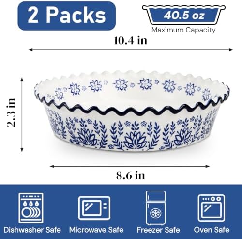 SOUJOY 2 Pack Ceramic Pie Pans for Baking, 10 Inch Pie Plates with Ruffled Edges, Deep Round Baking Dishes, Non-Stick Bakeware for Quiches Tarts Casseroles, Oven Microwave & Dishwasher Safe