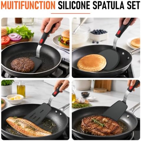 4Pcs Silicone Spatula Turner Set, Heat Resistant Silicone Spatula for Nonstick Cookware, BPA Free Kitchen Cooking Utensils Set, Flexible Spatula Turner for Flipping Eggs, Burger, Fish, Pancake