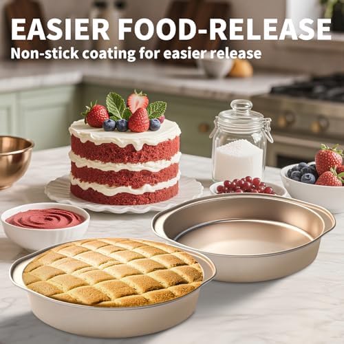 6 Inch Cake Pan, 3PCS Nonstick Round Cake Pans with 50 PCS Parchment Paper, Durable Birthday Circle Cake Baking Pan with Handle for Multi-Layer Cakes, Dishwasher Safe (Gold, 6")