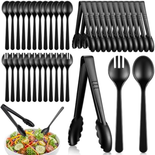 FoldTier 36 Pcs Disposable Plastic Serving Utensils Set Black Serving Spoons Forks Tongs, Disposable Utensils for Party Weddings Birthday Dinner Buffets Banquets