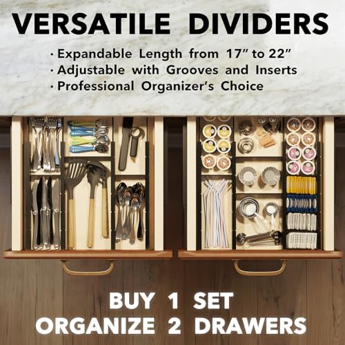 SpaceAid Bamboo Drawer Dividers with Inserts and Labels, Kitchen Adjustable Drawer Organizers, Expandable Organization for Home, Office, Dressers, 10 Dividers with 24 Inserts (17"-22" Black)