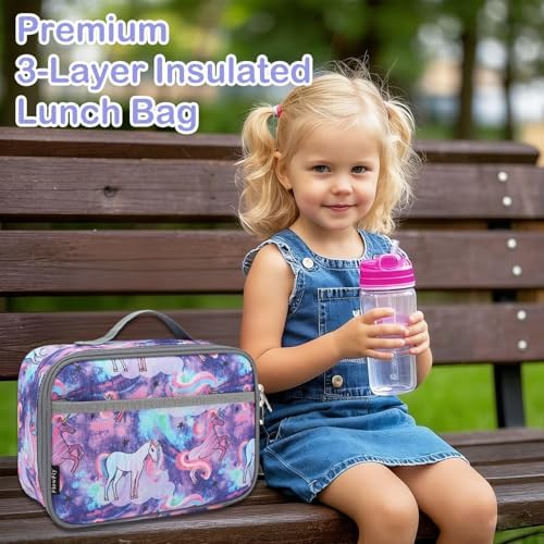 FlowFly Kids Lunch box Insulated Soft Bag Mini Cooler Back to School Thermal Meal Tote Kit for Girls, Boys, Unicorn#2