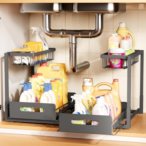 Under Kitchen Sink Organizer, Metal Pull Out Bathroom Organizers and Storage, 2-Tier Cabinet Organizer Shelf with Sliding Drawer, Home Organization for Kitchen, Laundry, Pantry, Dark Grey, 2 pack