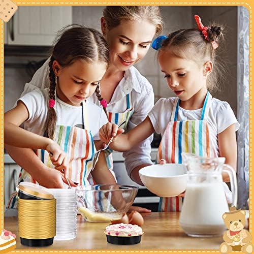 Yinder 200 Pcs 8oz Disposable Mini Pie Pans/tins with Lids Tart Pans, Small Cake Pan Round Containers Aluminum, 4 Inch Mini Cake Pan for Quiche Cheesecake Container Oven Bake Sale(Black and Gold)