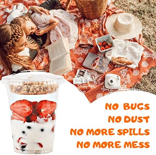 Aatriet [150 SETS 12 oz Clear Plastic Parfait Cups with Insert 3.25oz & Flat Lids No Hole, Yogurt Fruit Parfait Cups for Kids, for Dips and Veggies, Take Away Breakfast and Snacks. No Leaking