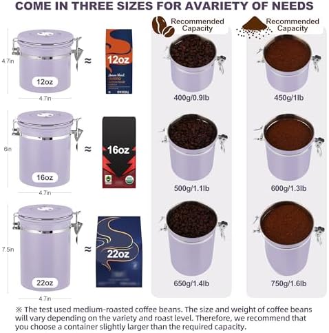ShanSon Coffee Canister Airtight, Stainless Steel Bean Storage Container with Date Tracker & Scoop, Grounds Sugar Flour Tea Cereal Fits Kitchen Pantry, Ideal Gift for Coffee Lovers,22oz, Purple