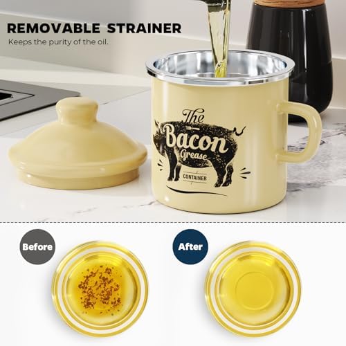 Bacon Grease Container with Strainer-15OZ Enamel Saver, Dishwasher Safe