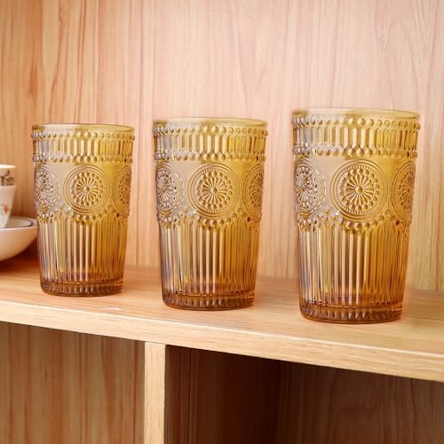 Loivttvv 6pcs Vintage Drinking Glasses Set, 12 oz Amber Highball Glasses, Embossed Ribbed Glassware Cups for Thanksgiving Cocktail, Juice, Whiskey