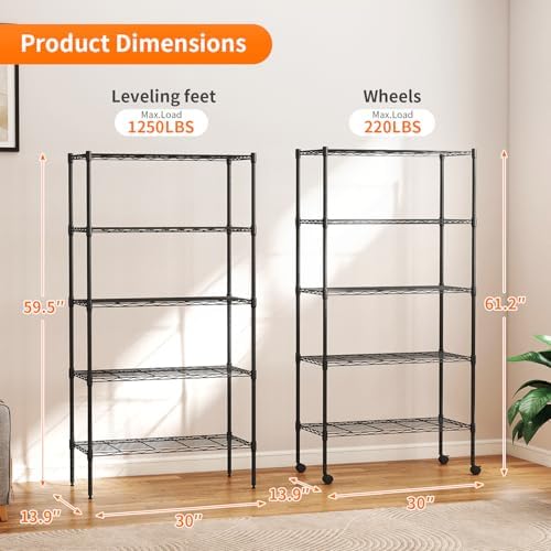 BestOffice | 5-Tier Wire Shelf with Wheels | 14" x 30" x 61" | Black