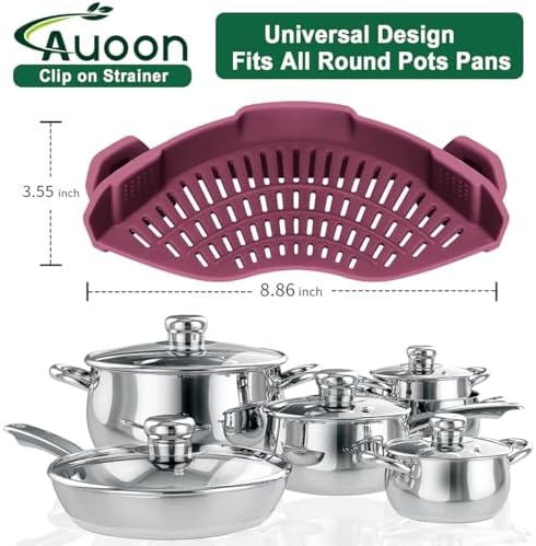 AUOON Clip On Strainer Silicone for Pots, Standard 8.86 x 3.55in, Cherry