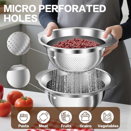 3.5QT Colander with Bowl, Rice Strainer, Stainless Steel Mixing Bowls with Strainer, Pasta Strainer, Colander for Kitchen for Rice Pasta Fruits Vegetables, Rice Cleaner Strainer, Dishwasher Safe