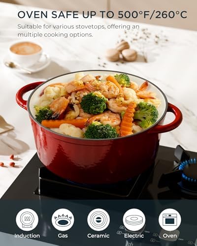 Enameled Cast Iron Dutch Oven - 4.5QT Pot with Lid & Cotton Potholders - Heavy-Duty Cookware for Braising, Stews, Roasting, Bread Baking, Oven Safe up to 500°F & Suitable for All Cooktops, Cherry Red