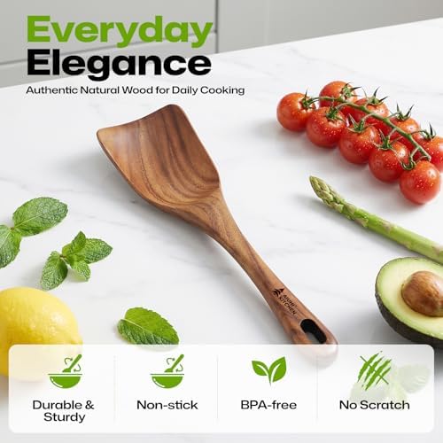 AIUHI Teak Cooking Spatula, Thick Wooden Spatula for Cooking, Deep Scoop Non-Stick Safe Heat Resistant Solid Teak Wooden Spatula for Kitchen Daily Use