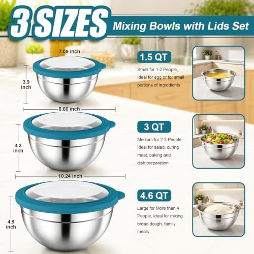 P&P CHEF Stainless Steel Mixing Bowls with Visible Airtight Lids, Blue