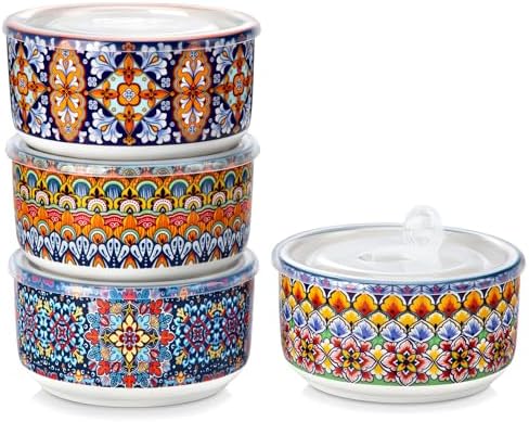 vancasso SIMI 36 oz Ceramic Bowls with Lids Set of 4,Bohemian Serving Bowl