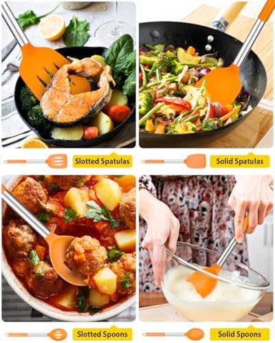 Pack of 4 Silicone Cooking Utensils Set, Non Stick Large Solid Spatulas, Heat Resistant Slotted Spoons, Ideal BPA Free Kitchen Turners for Frying, Mixing,Serving,Draining,Turning,Stirring (ORANGE)