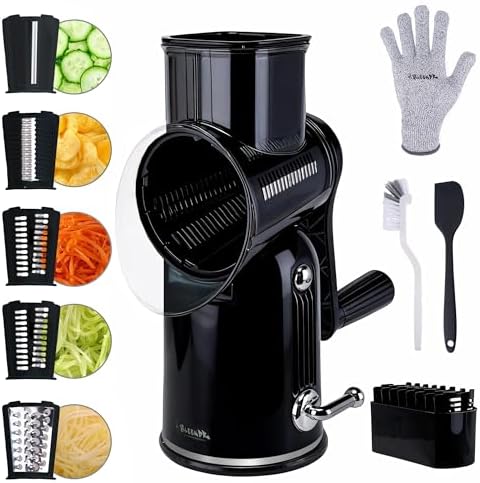 Rotary Cheese Grater with Handle, 5-Blade Cheese Shredder, BPA-Free (Black)