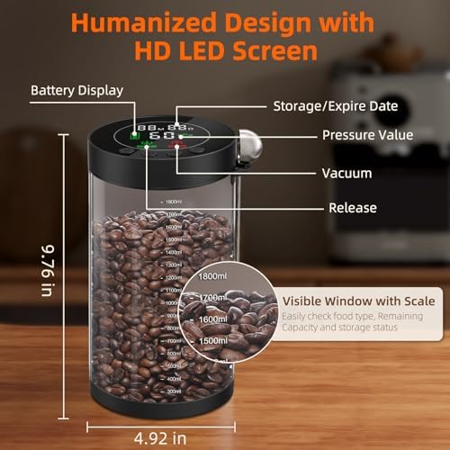 Electric Vacuum Coffee Canister, 2.0L Glass Airtight Food Storage Container