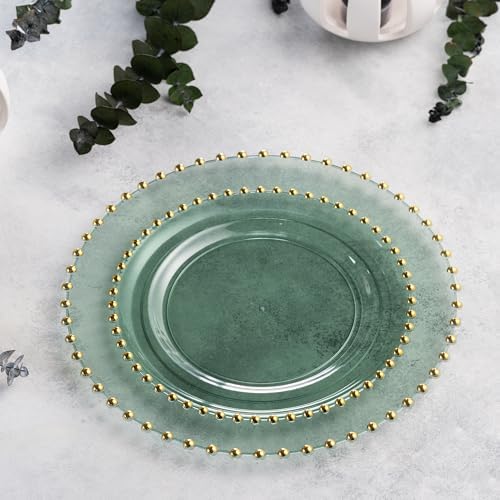 PLASTICPRO 128 Piece Combo Plastic Dinner Plates Disposable Plastic Fancy Heavy Duty Party Dishes 7 inch and 10 inch, Translucent Green and Gold Beaded