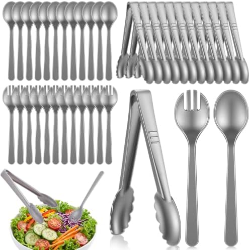 FoldTier 36 Pcs Disposable Plastic Serving Utensils Set Silver Serving Spoons Forks Tongs, Disposable Utensils for Party Weddings Birthday Dinner Buffets Banquets