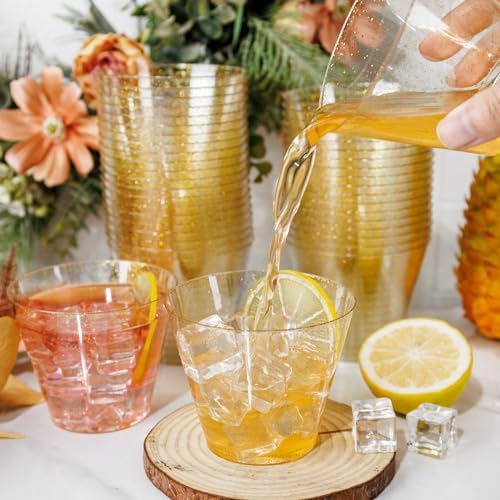 I00000 100 Pcs Gold Plastic Cups, 9 oz Hard Gold Glitter Disposable Cups