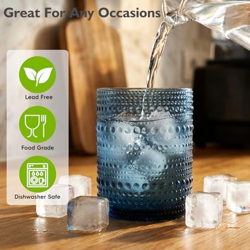 Moretoes 10oz Blue Hobnail Drinking Glasses Set of 6 Cocktail Glasses