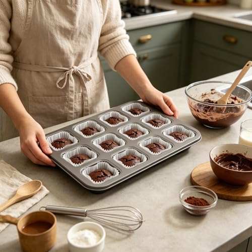 12 Cavity Brownie Pan with Dividers, Non Stick Square Carbon Steel Muffin Baking Bakeware with 300 PCS Parchment Liners, Dark Gray