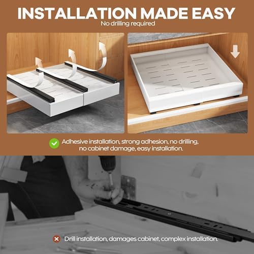 Seinloes 2 Pack Expandable Pull Out Cabinet Organizer 16.5"Deep with Raising Pad for Framed Cabinets,Upgrade 3 Slide Rails Slide Out Drawers,Roll Out Shelves Adhesive,Adjustable Width 12.2"-20.4"White