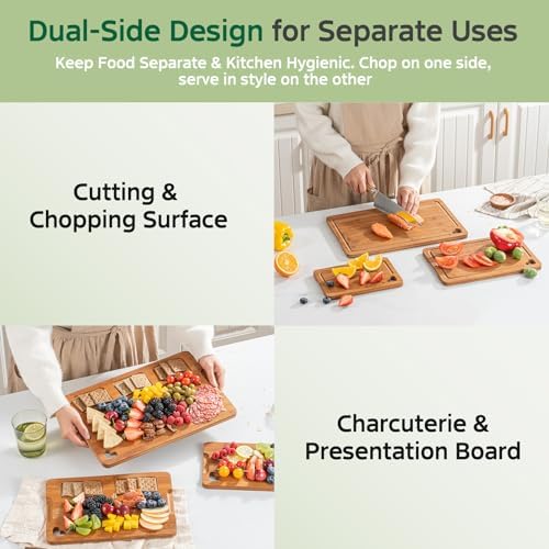 Bamboo Cutting Boards for Kitchen(Set of 3), Wood Cutting Board with Wood Storage Stand, Charcuterie & Chopping Board for Vegetables and Meat, with Deep Juice Groove, Ideal Kitchen Gifts